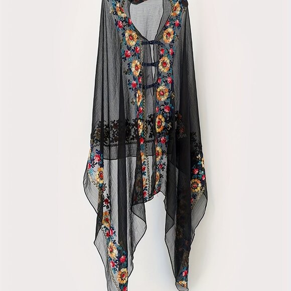Unbranded Sweaters - Hand-Embroidered‎ Black Clasp Shawl Semi-Sheer floral NEW beach shawl OS
